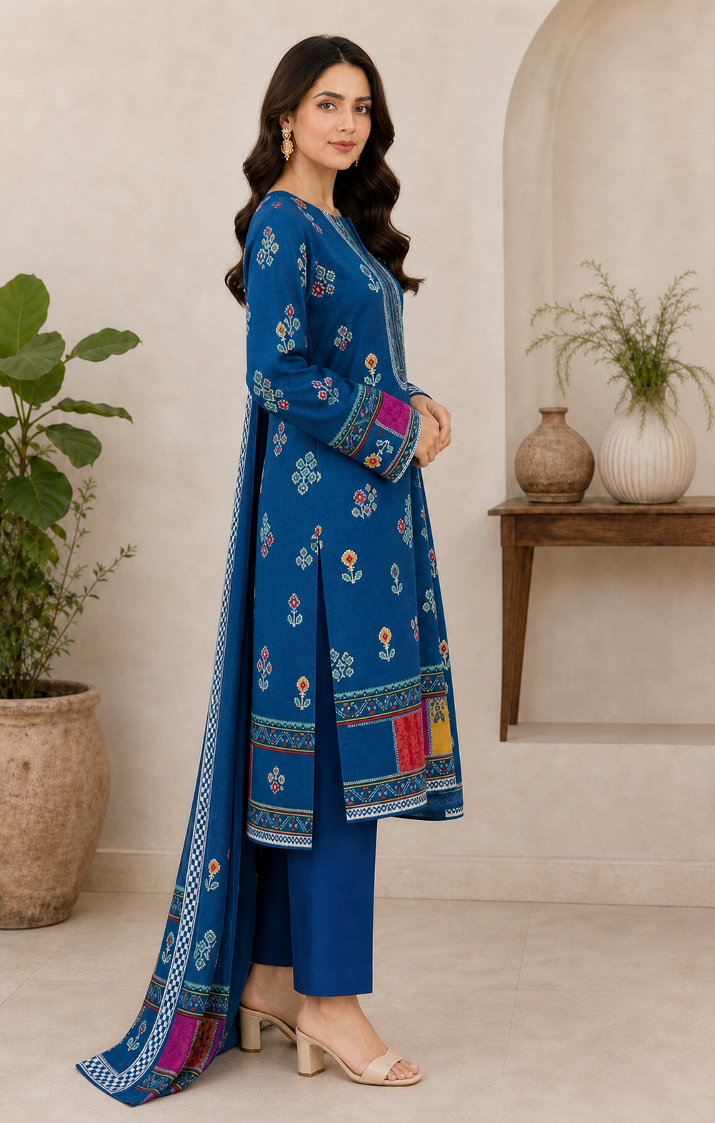 Royal Blue Multicolour 03 Piece Printed Lawn Suit — side view