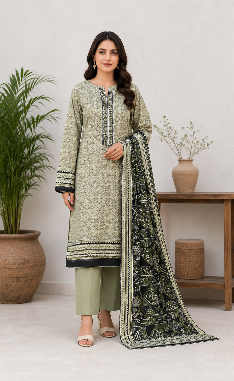 Sage & Black 03 Piece Printed Lawn Suit — front view