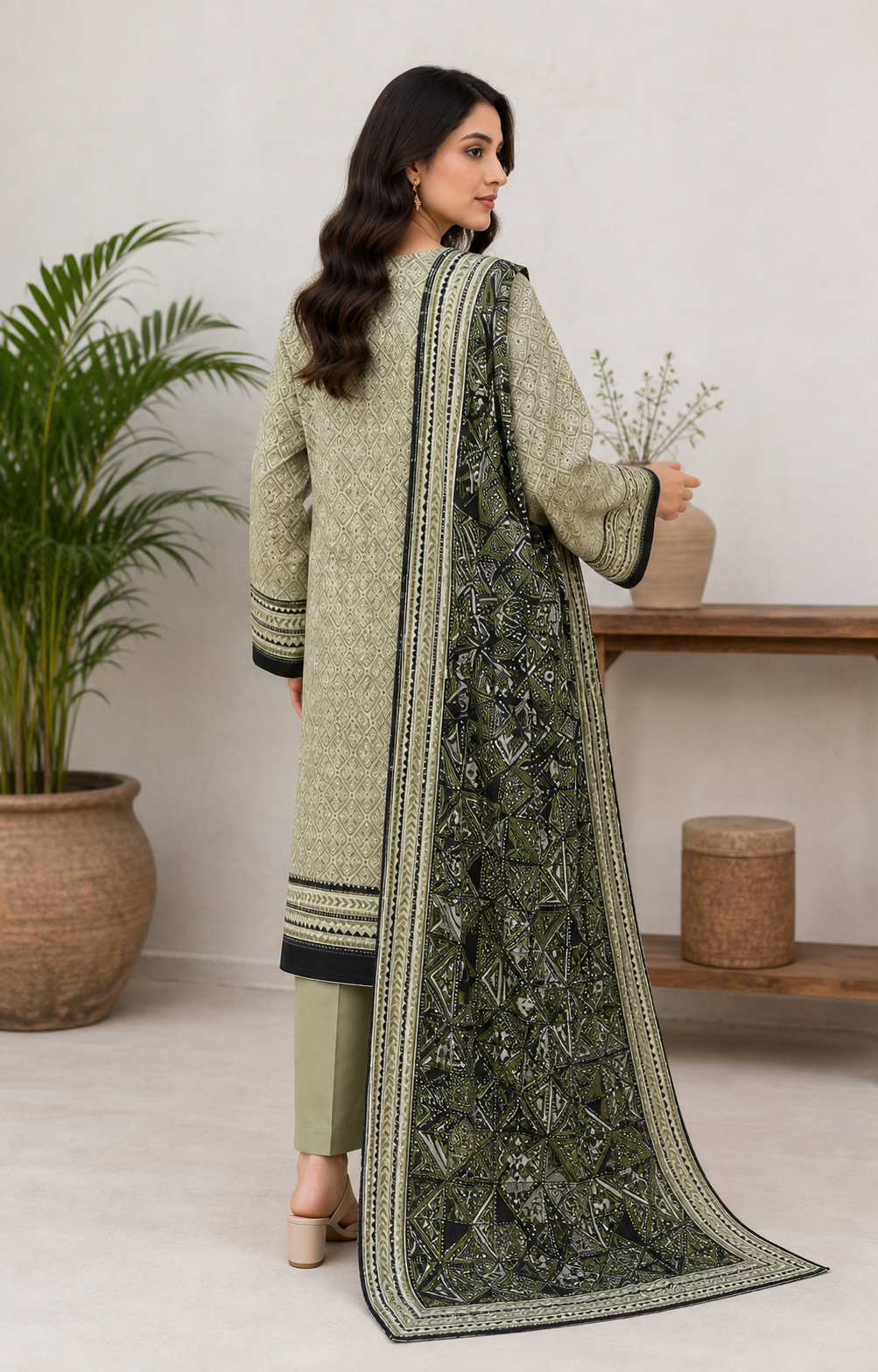 Sage & Black 03 Piece Printed Lawn Suit — back view