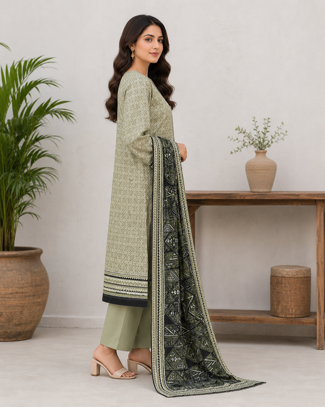 Sage & Black 03 Piece Printed Lawn Suit — side view