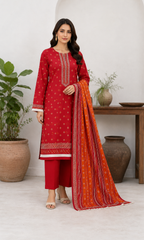 Scarlet & Orange 03 Piece Printed Lawn Suit — front view