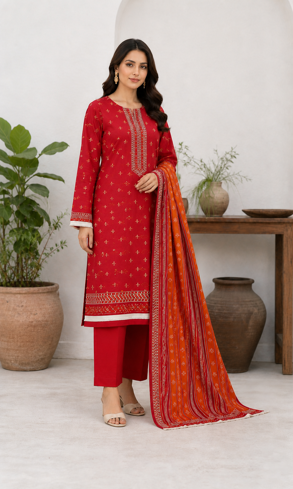 Scarlet & Orange 03 Piece Printed Lawn Suit — three-quarter view