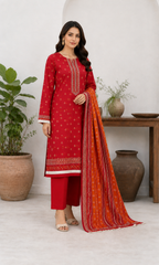 Scarlet & Orange 03 Piece Printed Lawn Suit — three-quarter view