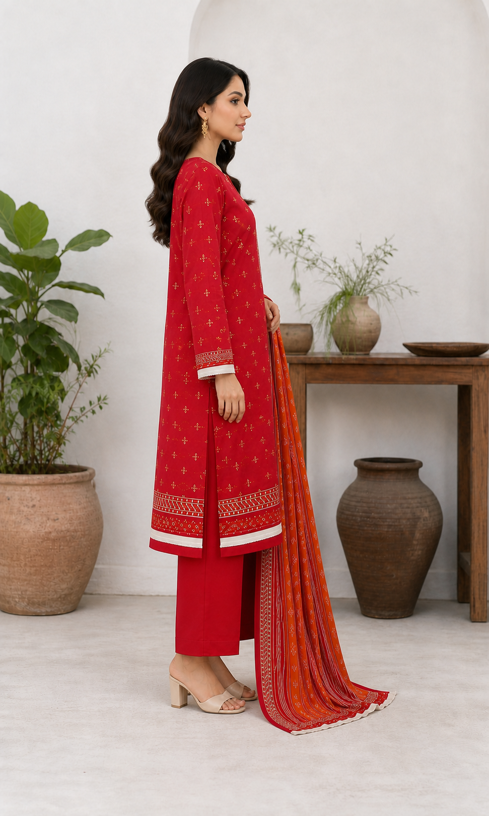 Scarlet & Orange 03 Piece Printed Lawn Suit — side view