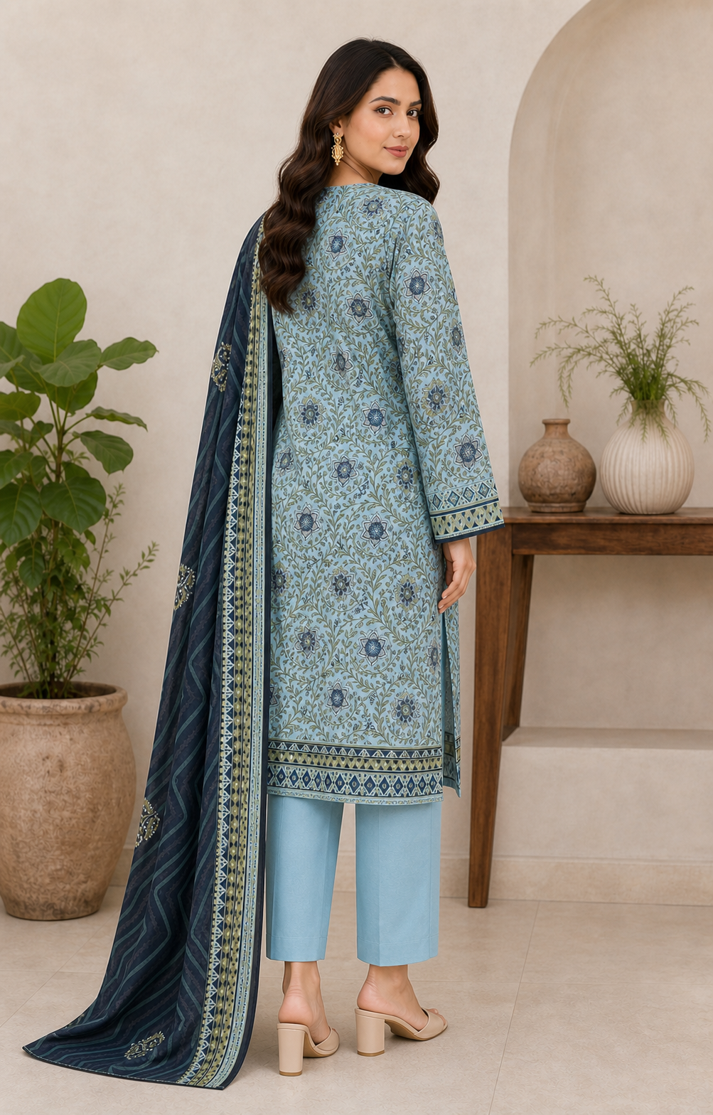 Sky Blue & Dark Navy 03 Piece Printed Lawn Suit back view