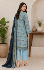 Sky Blue & Dark Navy 03 Piece Printed Lawn Suit back view