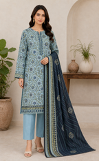 Sky Blue & Dark Navy 03 Piece Printed Lawn Suit front view