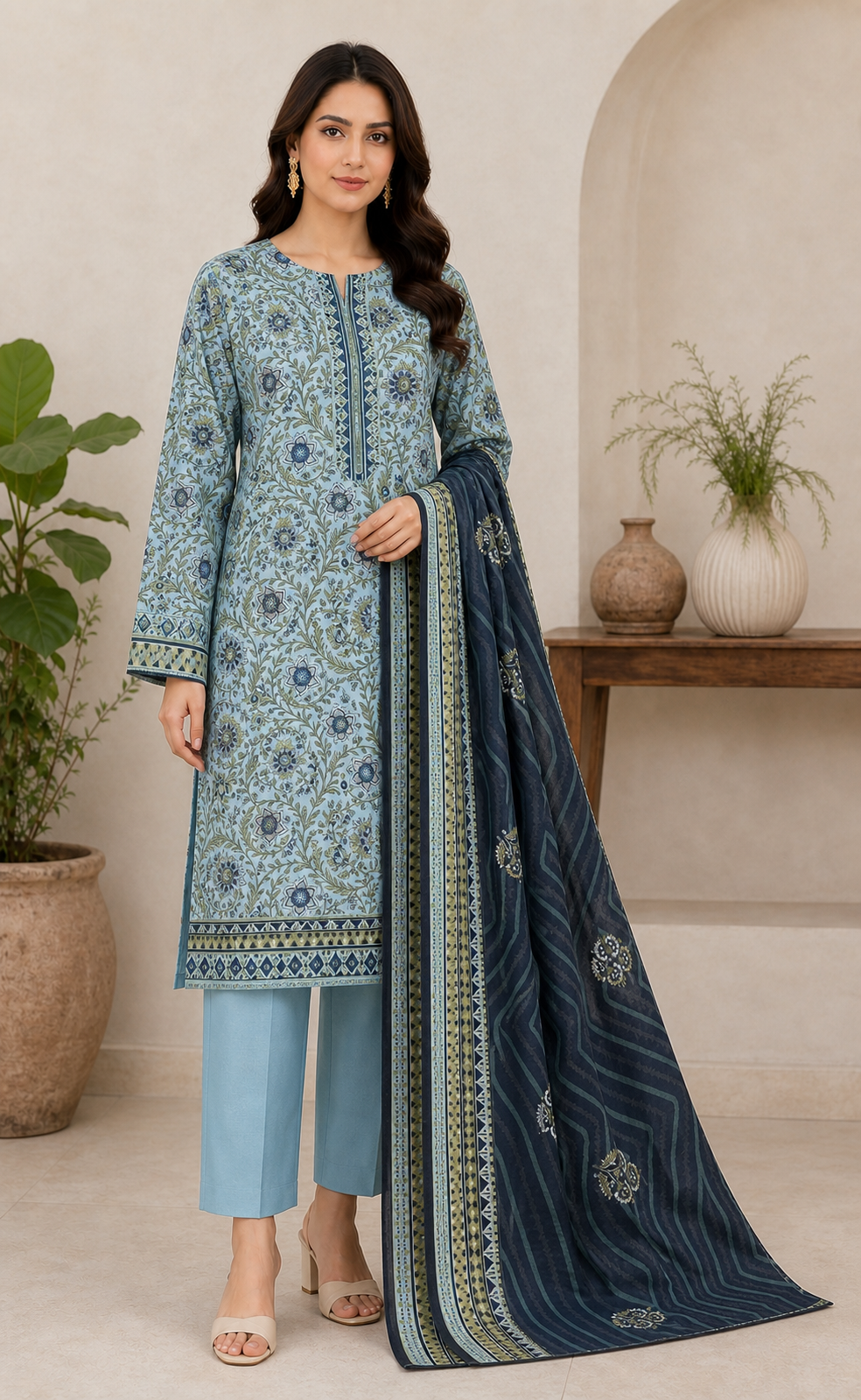 Sky Blue & Dark Navy 03 Piece Printed Lawn Suit front view