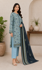 Sky Blue & Dark Navy 03 Piece Printed Lawn Suit side view