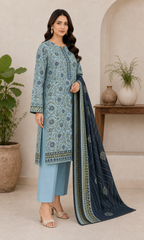 Sky Blue & Dark Navy 03 Piece Printed Lawn Suit three-quarter view