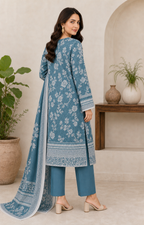 Teal & White 03 Piece Printed Lawn Suit - back view