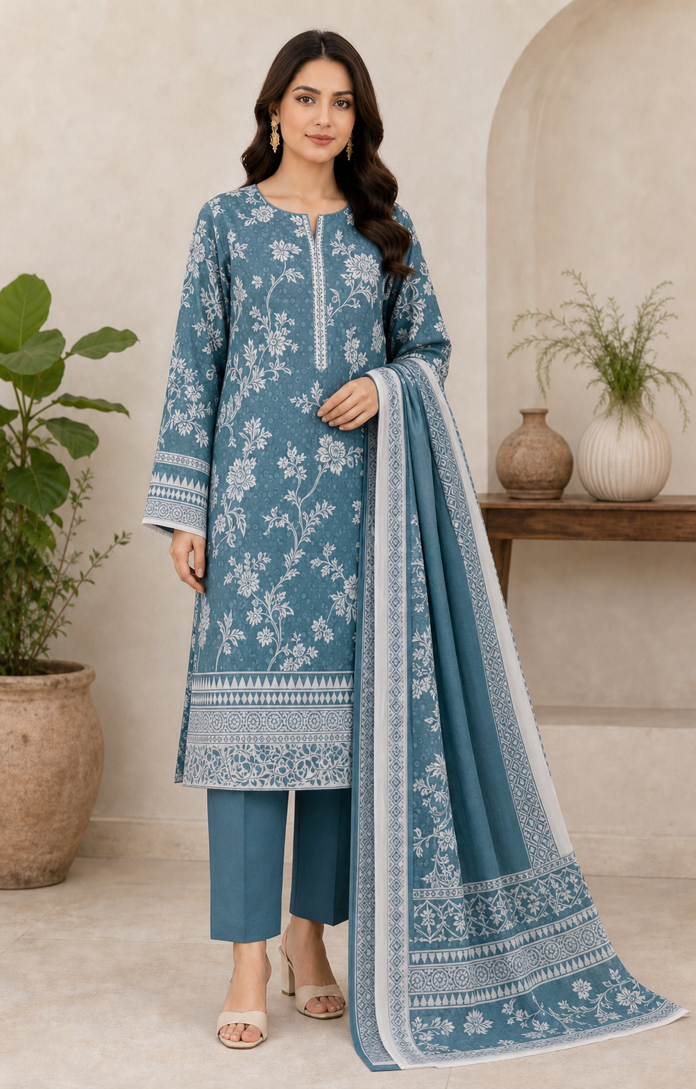 Teal & White 03 Piece Printed Lawn Suit - front view
