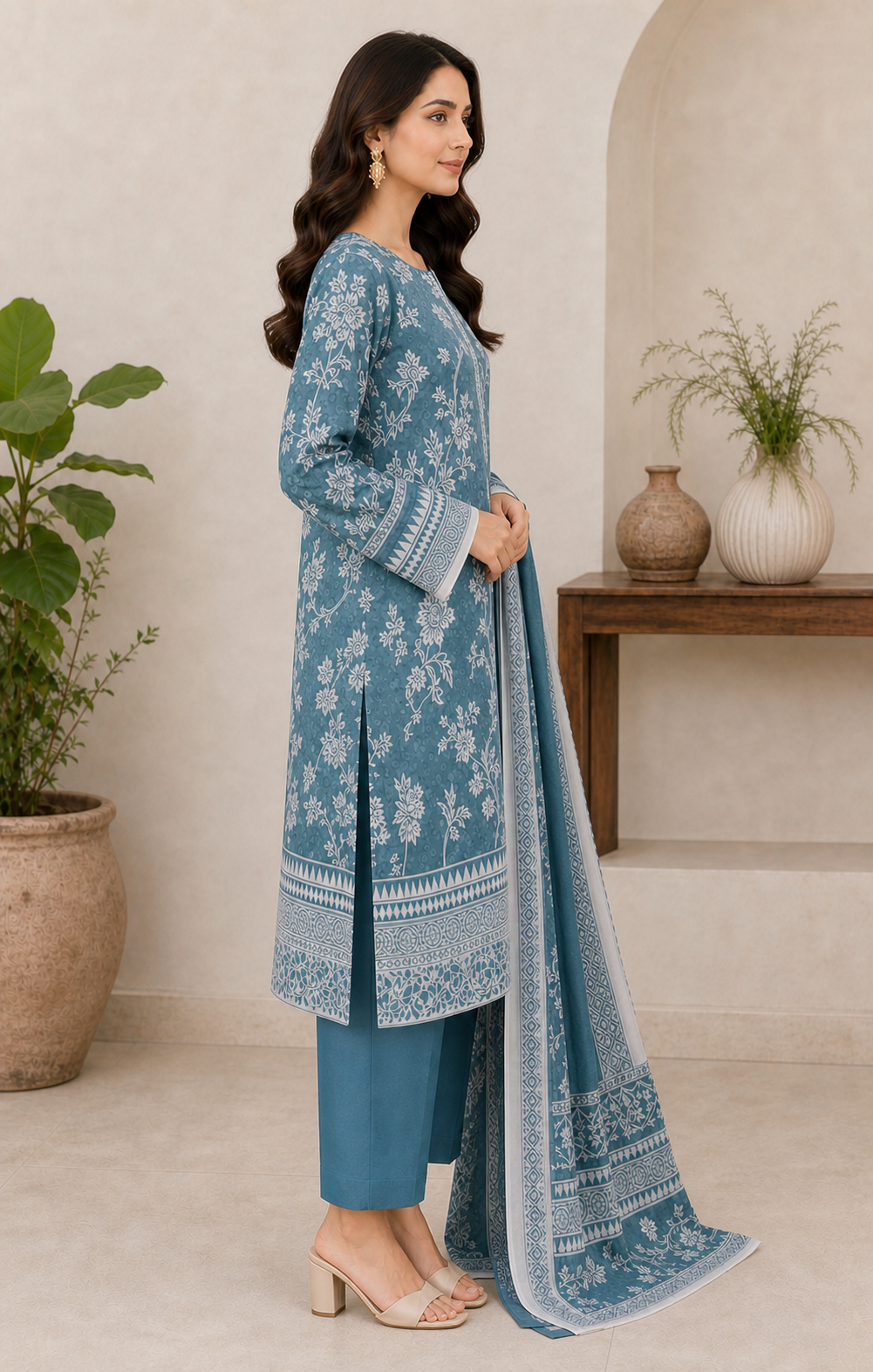Teal & White 03 Piece Printed Lawn Suit - side view