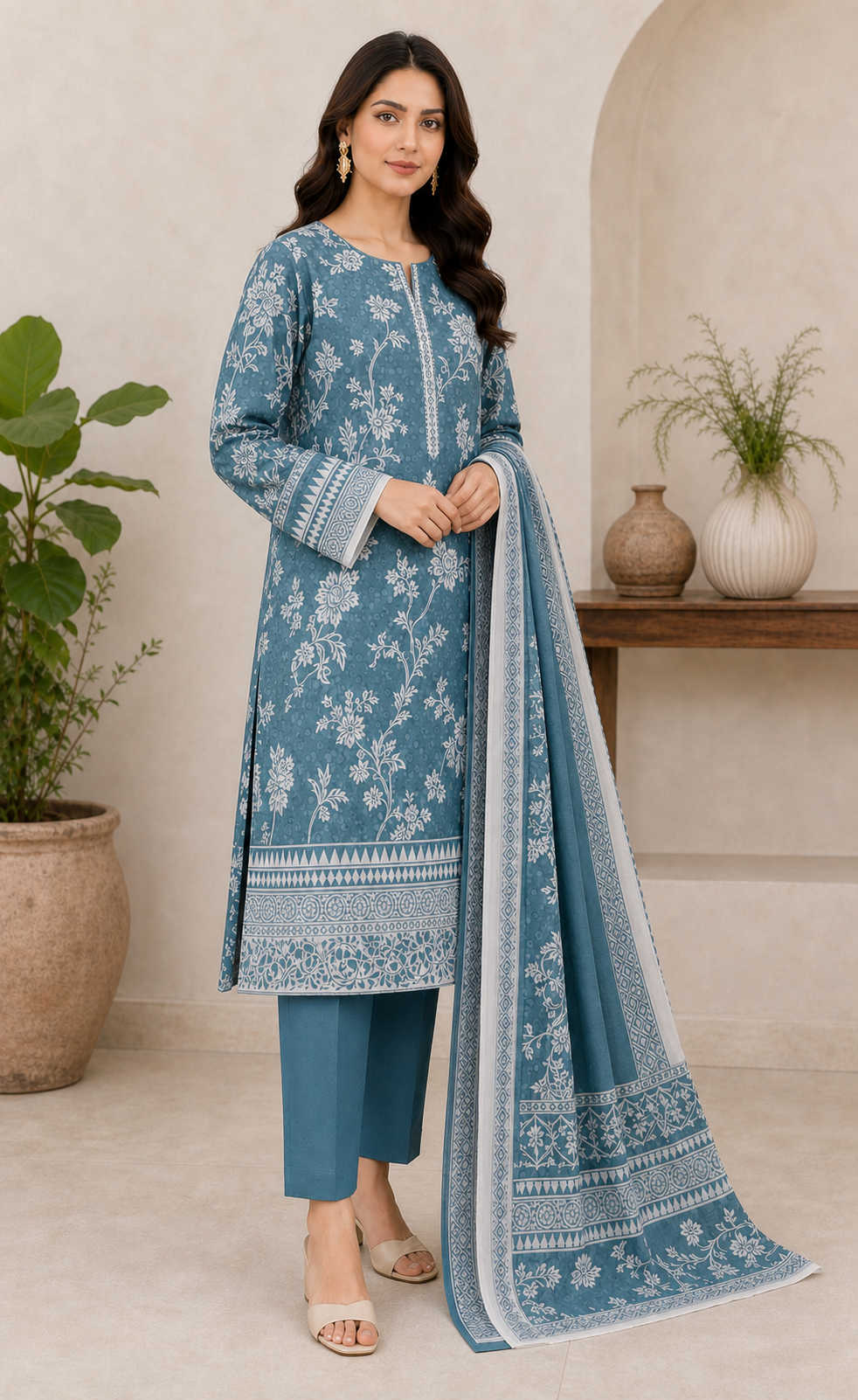 Teal & White 03 Piece Printed Lawn Suit - three-quarter view